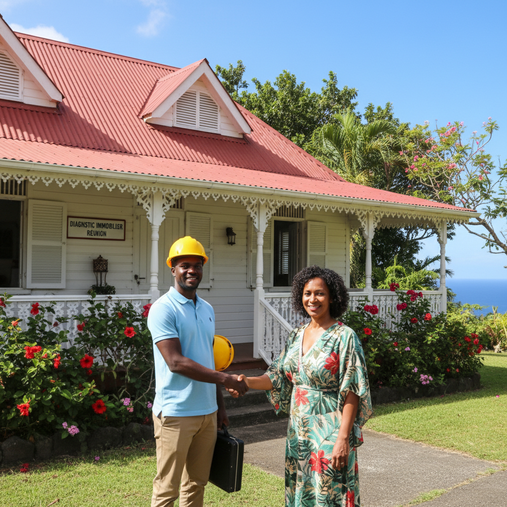 Poignée de main entre un diagnostiqueur immobilier et un propriétaire devant une maison à La Réunion